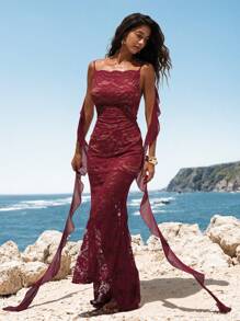 Opulessa Burgundy Summer Elegant Vacation Holiday Outfits Woman Beach Bohemian Boho Festival Wedding Party Formal Bridesmaid Birthday Ladies' Lace Dress - Burgundy - View 6