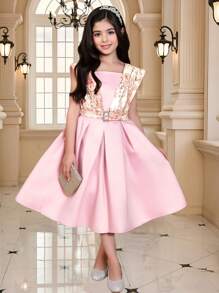 SHEIN فستان مطرز بالورود والجاكار المجدول للفتيات المراهقات، طراز أميرة، للحفلة، عيد الميلاد، طراز قصر فخم، فستان فتاة الزهور