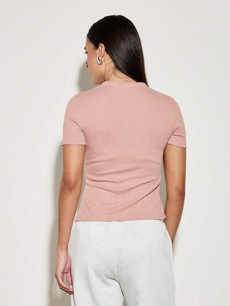 Slim Fit Ribbed Henley Pearl Button T-Shirt