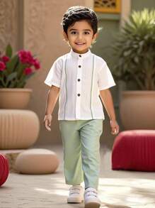 SHEIN Leap Crew 2pcs/Set Young Boys Casual Minimalist Short Sleeve Top & Pants - White - View 1