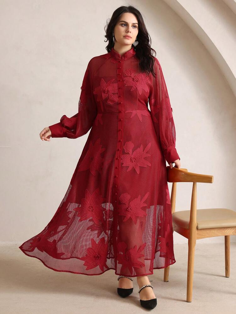 Ladies' Plus Size Mesh Fabric, Heavy Craftsmanship Embroidery, Elegant Wine Red Long Dress Mesh Dress, Spring Outfits For Women