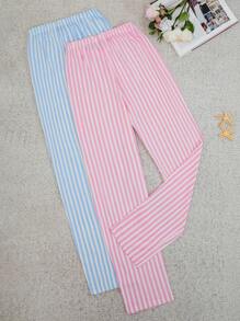RueChic Cotton Women 2 Packs Contrast Colour Striped Pattern With Fake Drawstring Detail Homewear Lounge Set