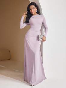 Veilorie Vestido ajustado de manga larga con cuello redondo y drapeado en color liso para mujer