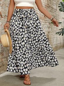 SHEIN LUNE Plus Size Casual Daisy Floral Print A-Line Long Skirt Fall Cloth For Women - Black - View 6