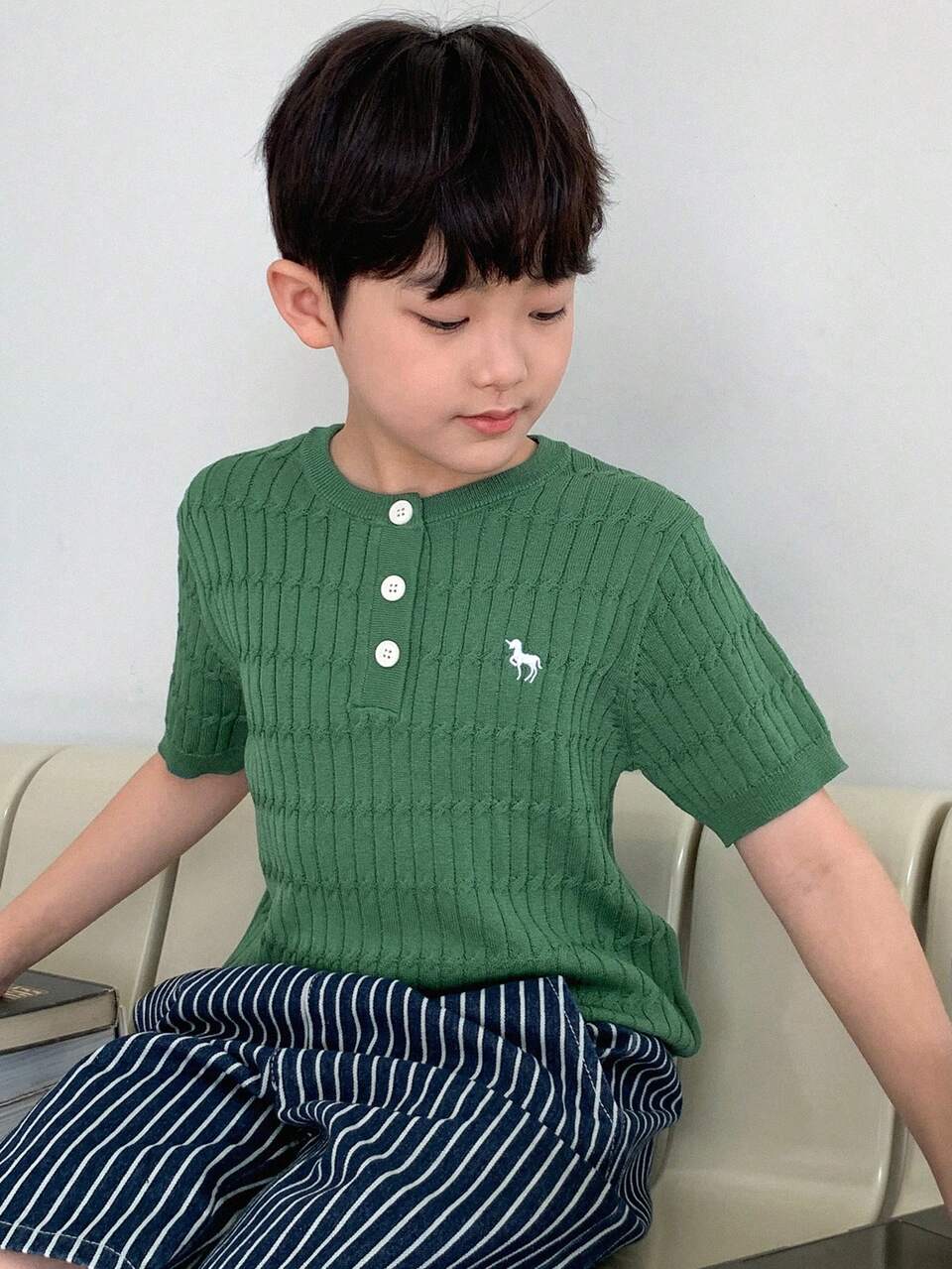 Tween Boy Horse Pattern Button Half Placket Short Sleeve Casual Sweater,Back To School Clothes Easter