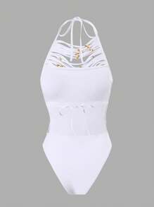 Swim Chiccia Bộ đồ bơi liền thân hở cổ màu trắng đính hạt tua rua trang trí cho kỳ nghỉ xuân, phong cách lễ hội Boho, kỳ nghỉ hè ở bãi biển - trắng - Xem 7