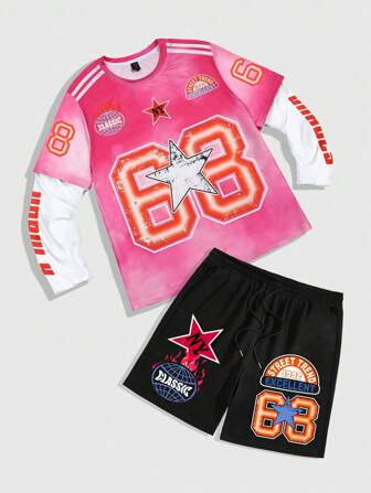 Street Life Herren zweiteiliges Set aus Sweatshirt mit Zahlen-Aufdruck und Shorts im Lässig-Stil