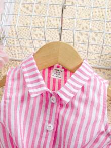 SHEIN 女婴可爱条纹扭纹无袖上衣，夏季百搭 - 粉色 - 查看 6