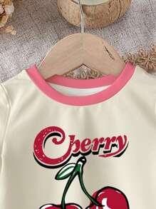 SHEIN Leap Crew Cute Cherry Printed Pink Baby Girl Casual Crew Neck Short Sleeve T-Shirt And Flare Pants Set, Spring/Summer - Multicolor - View 4