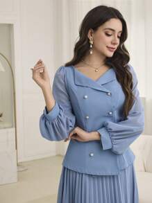 Modelyn 2pcs Women's Lantern Sleeve Double-Breasted Top And Pleated Skirt Set