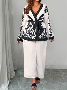 Breezaya Conjunto de 2 piezas de mujer de talla grande con cárdigan con estampado floral de color contrastante con nudo y pantalones rectos, elegante ropa de resort para primavera/verano