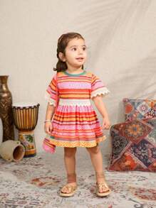 SHEIN Baby Girls' Casual Retro Elegant Vacation Multi-Color Floral Print Dress With Cuff & Waist Hem Floral Trim, Matching Bag, Summer - Multicolor - View 1