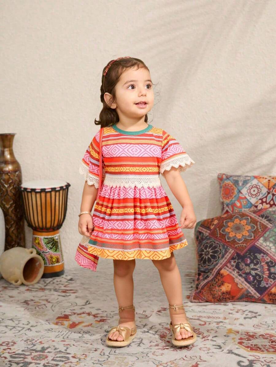 SHEIN Baby Girls' Casual Retro Elegant Vacation Multi-Color Floral Print Dress With Cuff & Waist Hem Floral Trim, Matching Bag, Summer - Multicolor - View 1