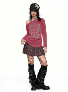 ROMWE Grunge Punk Vintage Y2K Distressed Cross & Vine Rhinestone Embellished Asymmetrical Shoulder Spring Break Concert Rave Festival Oversized T-Shirt For Women - Burgundy - View 4