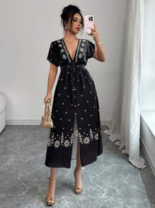 Chiquease Abito casual con scollo a V e spacco, stampato, elegante e alla moda, adatto all'uso quotidiano per le donne - nero - Visualizzare 3