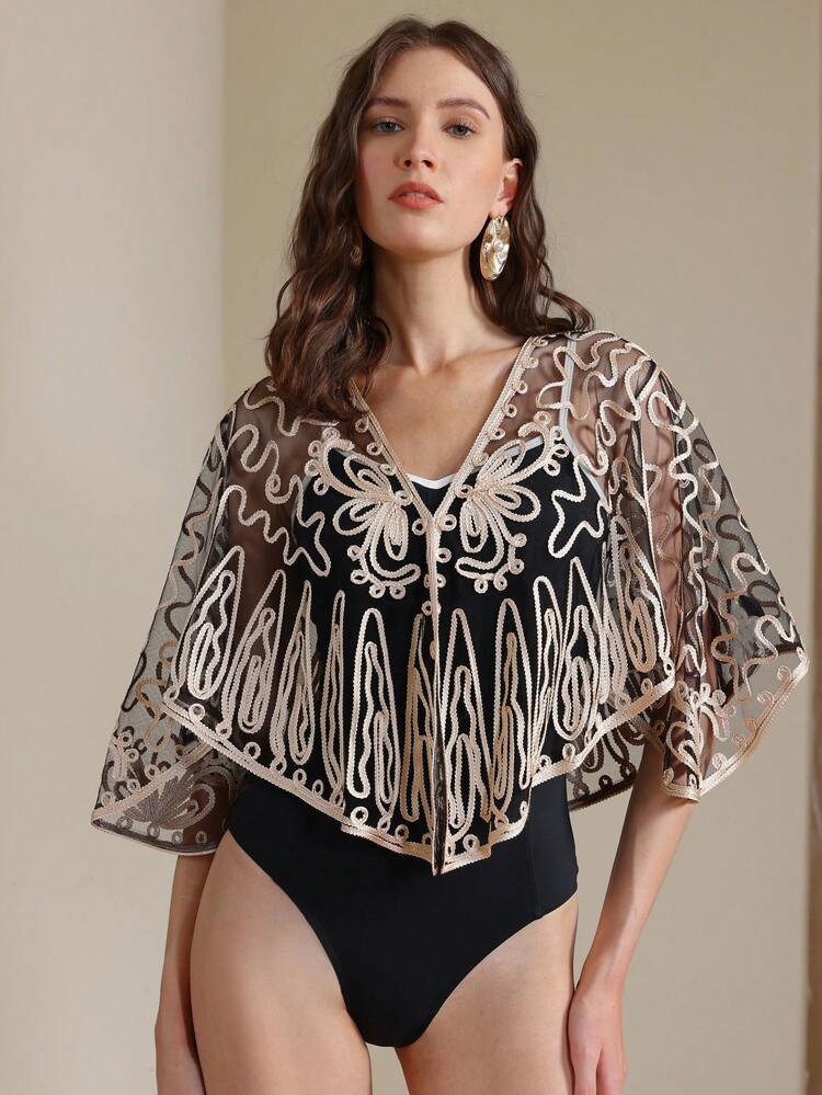 Women's Elegant Vacation Beach Stylish Wave Strap Embroidered Batwing Sleeve Mesh Cover-Up Top, Festival Going Out Vacation Outfits, Summer