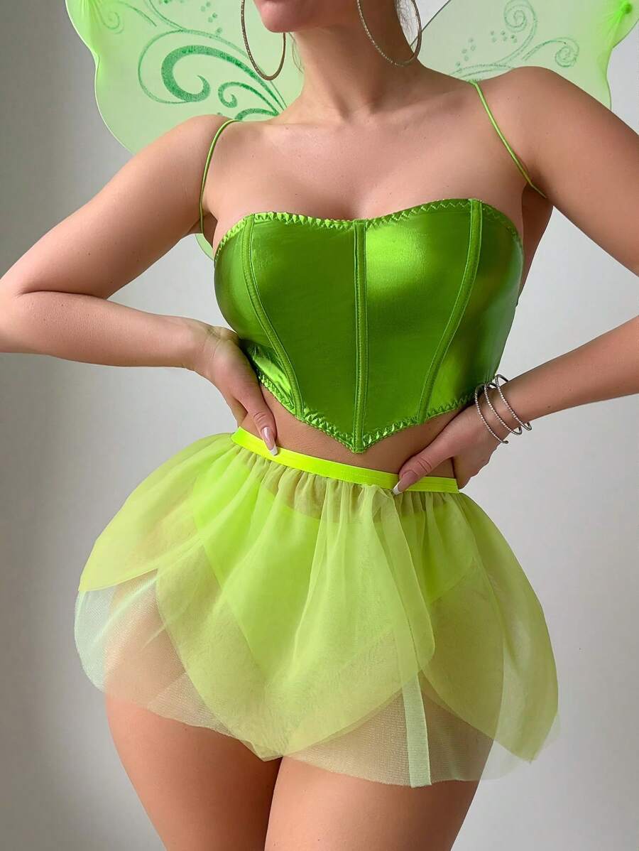 4pcs Sexy Party Outfit Including Metallic Bandeau Top, Mesh Puff Mini Skirt, Butterfly Wings - Green - View 1