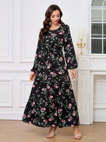 Lacomfia 长袖休闲阿拉伯风格连衣裙，简约时尚，适合日常穿着 - 黑色 - 查看 1