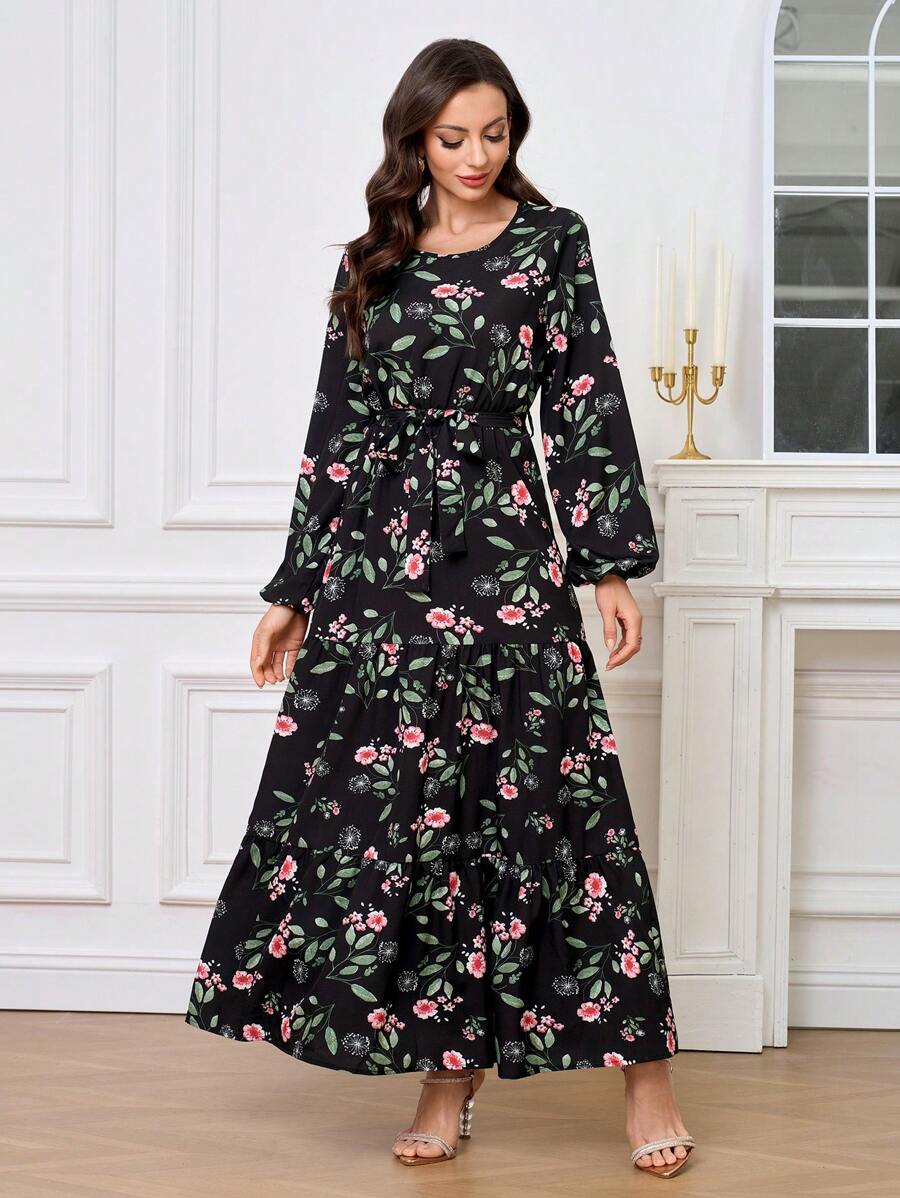 Lacomfia 长袖休闲阿拉伯风格连衣裙，简约时尚，适合日常穿着 - 黑色 - 查看 1