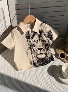 SHEIN Leap Crew 男童/女童休闲舒适时尚街头狮子印花衬衫，适合春夏季