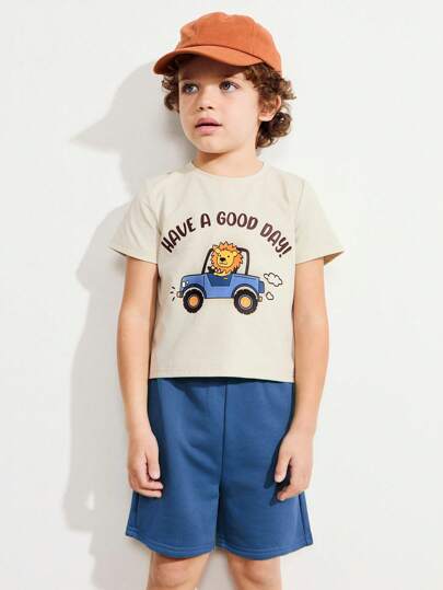 SHEIN Young Boys Cartoon Letter Print Short Sleeve T-Shirt And Shorts Set