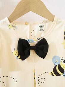 SHEIN Playful Pals 2pcs/Set Girls Summer Dress, Baby Girl Butterfly & Bee Print Round Neck Dress, Suitable For Summer - Yellow - View 3