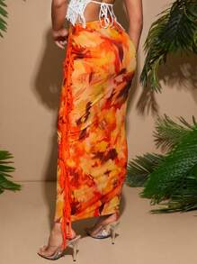 SHEIN SXY Falda informal de mujer con estampado floral de malla naranja, decorada con flecos, ideal para vacaciones de principios de primavera y playa