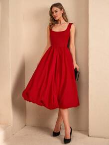 EURMUSE Petite Elegantes langes Ballonkleid für Petite Größen Frauen - Rot - Übersicht 5