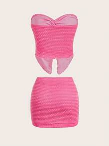 Slaydiva Conjunto de 2 piezas de top bandeau con textura rosa y mini falda ajustado para mujer, outfit de vacaciones