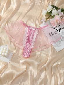 PetitDoll 可爱、浪漫、甜美缎面透明花卉蕾丝荷叶边蝴蝶结装饰女式比基尼泳裤，粉色 - 粉色 - 查看 6