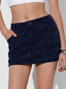Navy Blue Denim Argyle Geometric Cut-Out Special Fabric Low Waist Streetwear Punk Y2K Super Skirt - Medium Wash - View 1