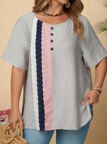 Rusticease Plus Size Women's Color Block Round Neck Loose Casual Short Sleeve Grey Blouse, Vacation Woman, Blouse For Women, Summer Top Women - Grey - View 3