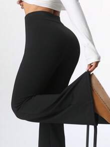 SHEIN Tall CURVE 大码纯色喇叭裤，带保暖内衬，休闲，秋冬 - 黑色 - 查看 3