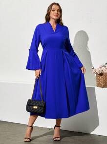 Plus Size Women V-Neck Long Sleeve Pleated Hem Elegant Solid Color Dress