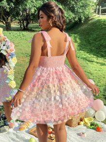 Celure Vestido de mujer de talla grande elegante con textura trenzada, floral de malla de organza, de doble capa y con lazo