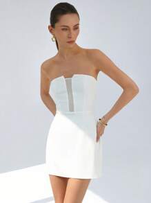 Aveloria Modichic High-End Elegant French Vintage Fashion Minimalist Women's Wedding Guest Dress, Sleeveless Bodice With Mesh Overlay, Waist-Cinching, Mini Length - White - View 5