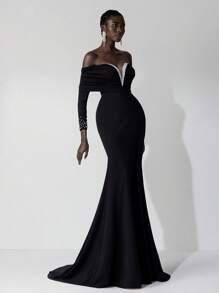 Elitara Elegante vestido de Body ceñido con volantes y escote en V, de manga larga, elástico, con cola de pez, adecuado para invitados de boda, fiestas de solteros, vacaciones, bailes, galas de noche, fiestas, vestido formal
