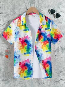 Tween Boy Tie Dye Printed Single-Breasted Relaxed Short Sleeve Shirt - Multicolor - View 1