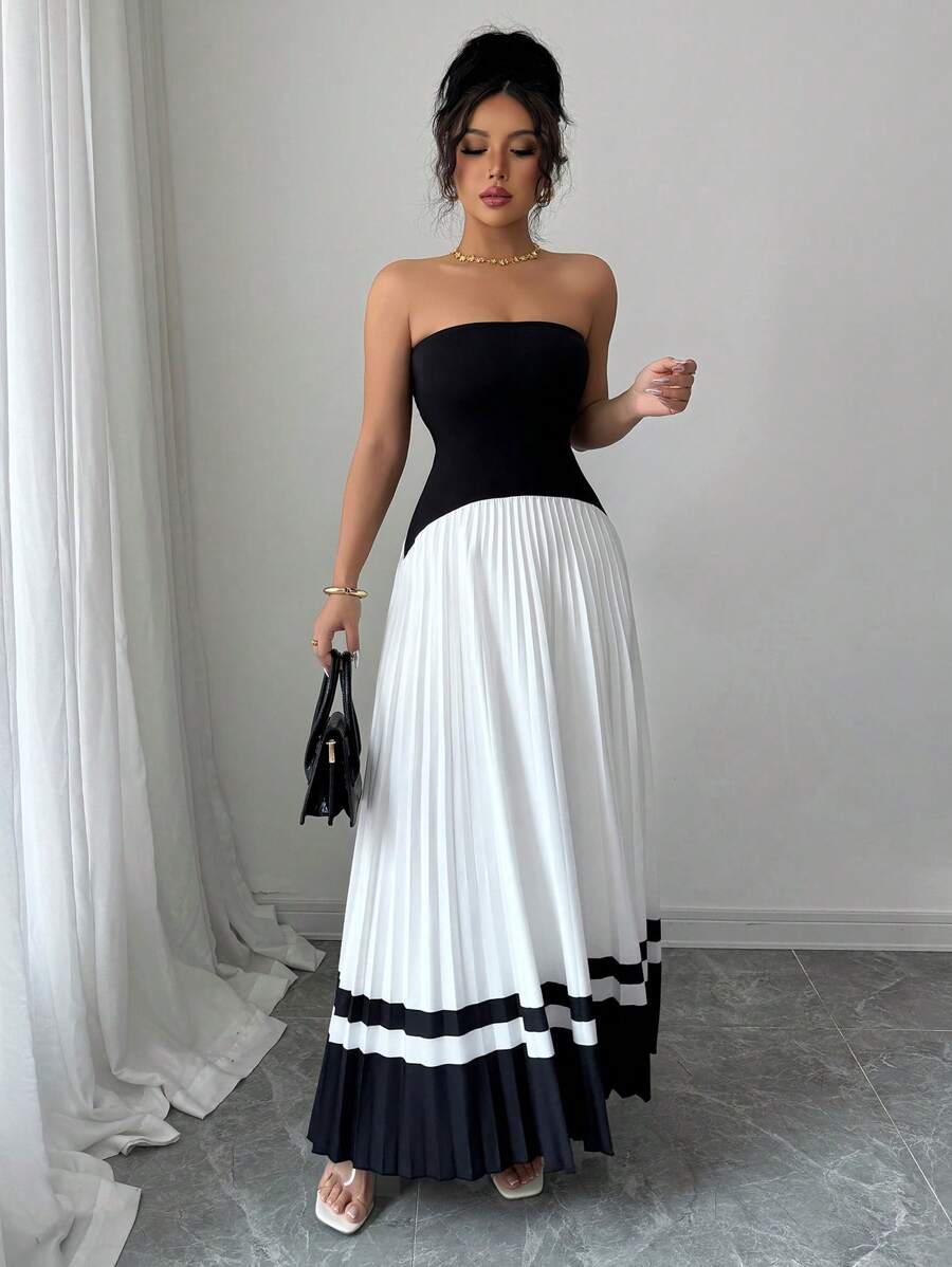 Chiquease Damen farblich gespaltenes gerafftes Bandeau-Kleid