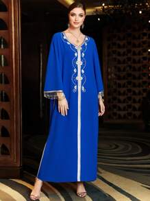 Al Najma Handmade Navy Blue Beaded Dress Kaftan Jalabiya Dress - Royal Blue - View 3