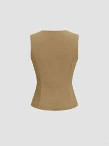 SHEIN Unity Women's Thin Blazer Vest Casual Office Sleeveless Single-Breasted Khaki Slim Fit Asymmetrical V-Neck Summer - Khaki - View 2