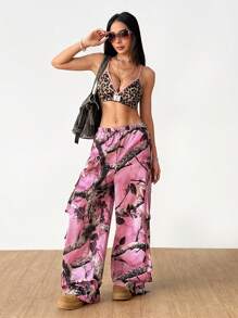 SHEIN EZwear 女士春夏节日约会夜街头装垃圾游戏日新年前夜粉红树枝图案森林迷彩工装裤，狂欢节服装 - 粉色 - 查看 3