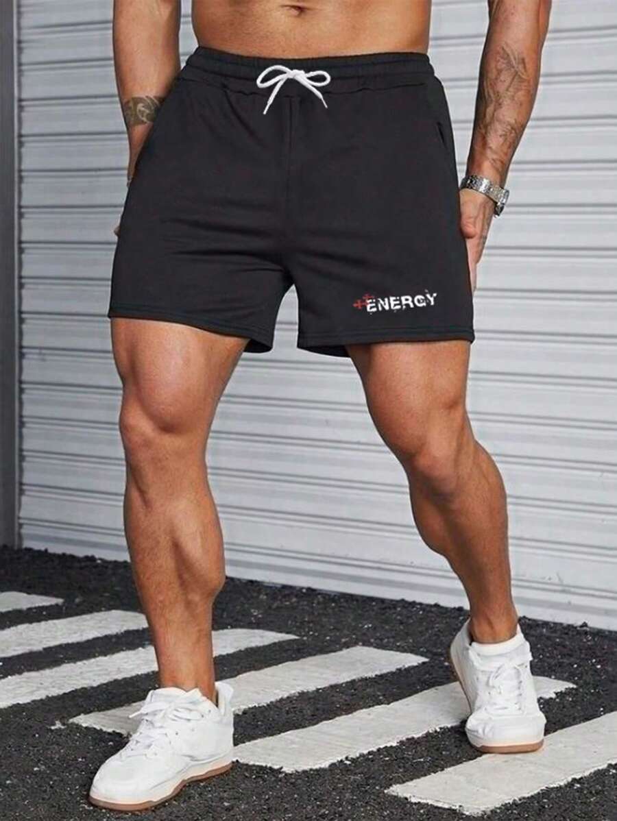 RueChic Men Cottonline Letter Printed Drawstring Regular Short - Black - View 1