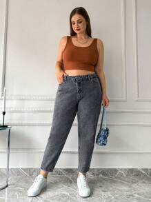 EURMUSE 100%纯棉 高腰 紧身 轻洗 - 淺灰色 - 查看 3