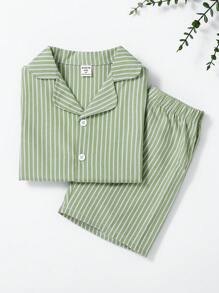 2 pezzi Set di top a maniche corte e pantaloncini verdi semplici e alla moda per ragazzo, pigiama casual da casa - Verde - Visualizzare 3