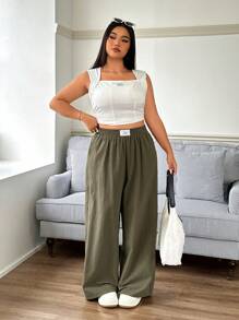 SHEIN EZwear 新款大码女式海滩度假装、女士早午餐装、圣帕特里克节主题休闲百搭简约裤装，春夏款 - 軍綠色 - 查看 4