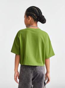 Coolane Kids Tween Girls Spring/Summer Casual Loose Fit Drop Shoulder Crop Crop Top With Letter Embroidery - Green - View 2