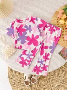 SHEIN LMoss Kids Baby Girl Floral Print Knit Short Sleeve T-Shirt And Pants 2 Pieces Set, Cute Summer Outfit - Pink - View 1