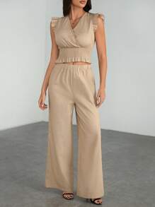 SHEIN Tall Conjunto de 2 piezas para mujer de chaleco de cable estampado verde + pantalones color albaricoque para primavera y verano