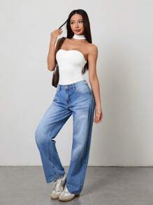 SHEIN PETITE Women's Solid Color Halter Neck Casual Bodysuit - White - View 4